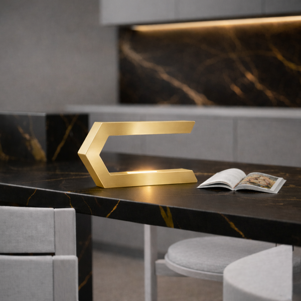 Gold Finish Handcrafted Oak Rotatable C-Shaped Wooden LED Lamp