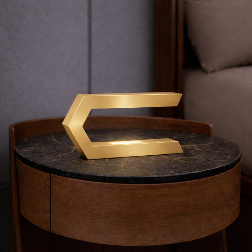 Gold Finish Handcrafted Oak Rotatable C-Shaped Wooden LED Lamp