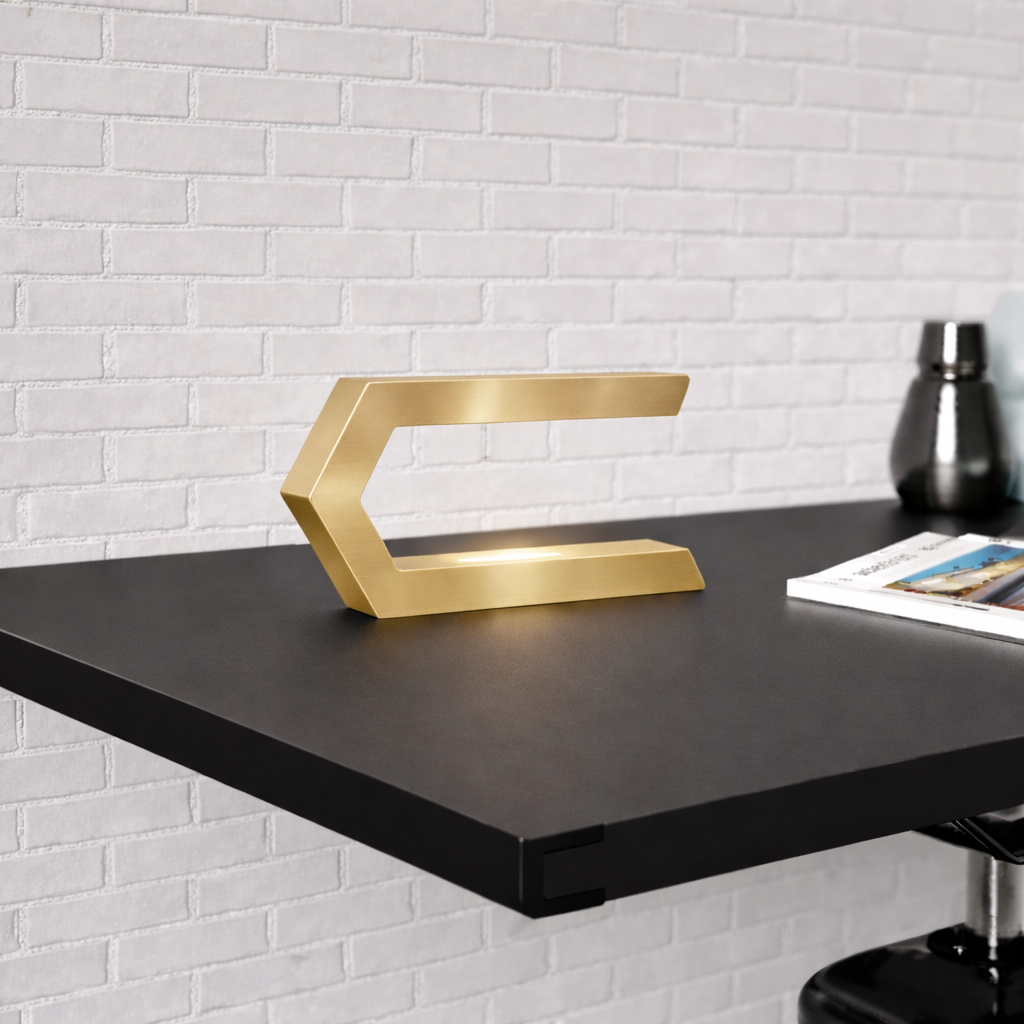 Gold Finish Handcrafted Oak Rotatable C-Shaped Wooden LED Lamp