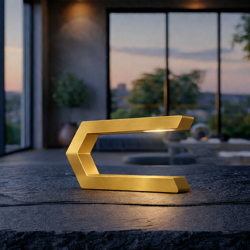 Gold Finish Handcrafted Oak Rotatable C-Shaped Wooden LED Lamp