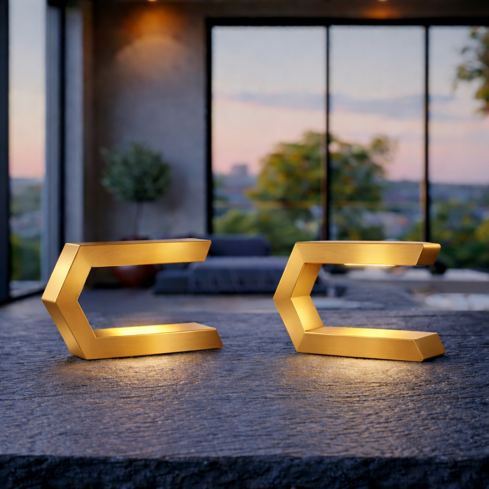 Gold Finish Handcrafted Oak Rotatable C-Shaped Wooden LED Lamp