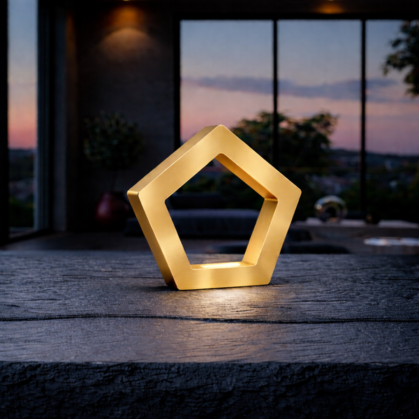 Gold Finish Handcrafted Oak Pentagon Wooden LED Lamp