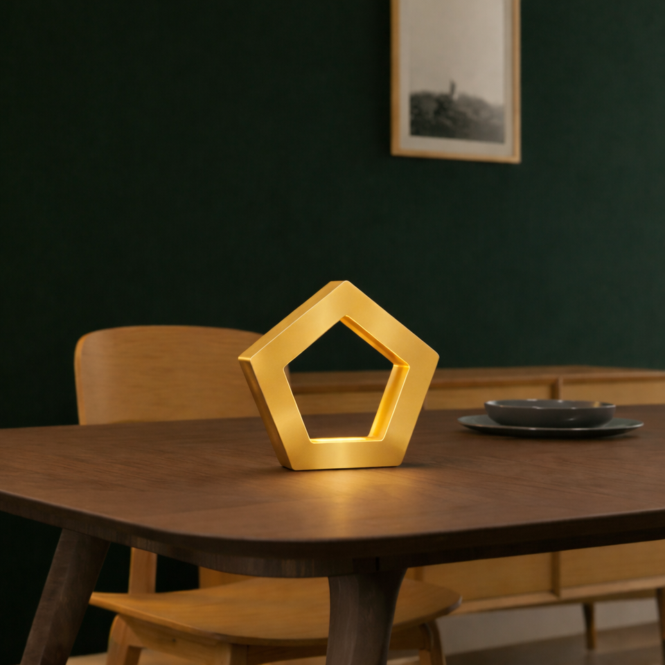 Gold Finish Handcrafted Oak Pentagon Wooden LED Lamp