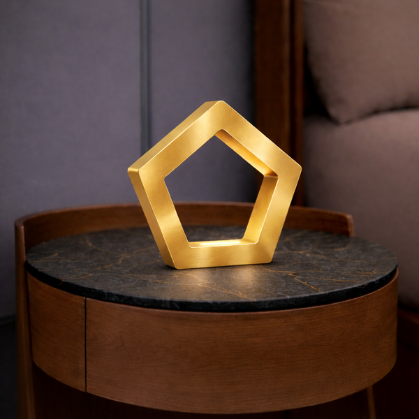 Gold Finish Handcrafted Oak Pentagon Wooden LED Lamp