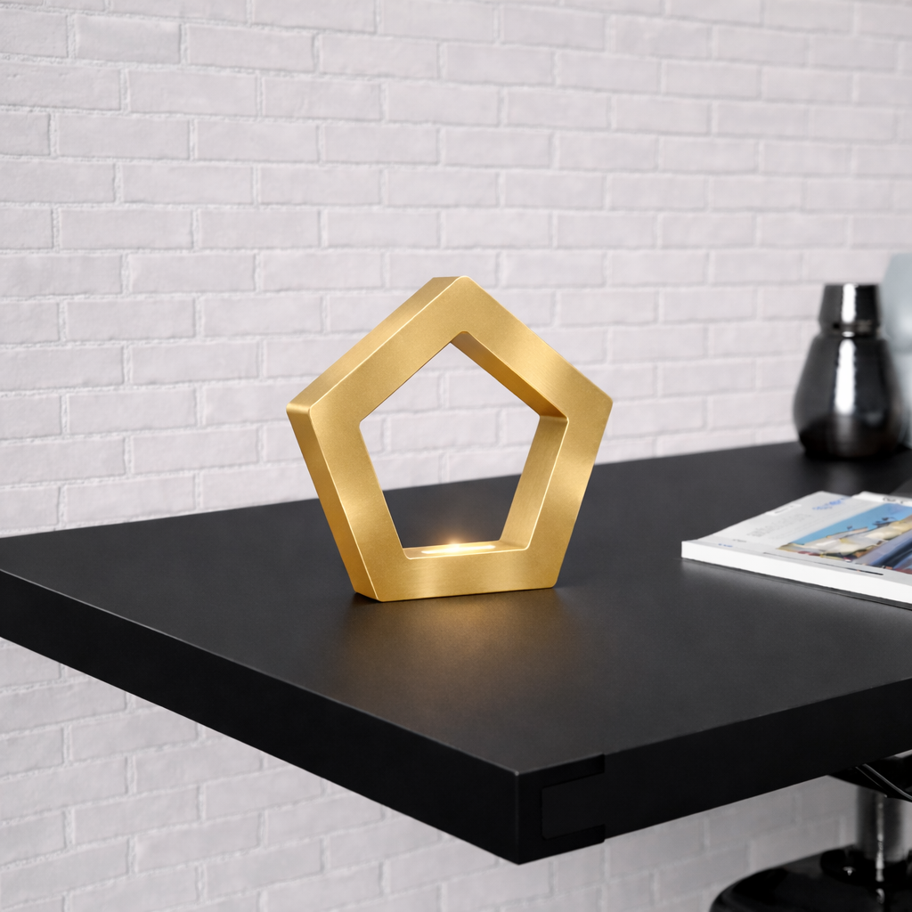 Gold Finish Handcrafted Oak Pentagon Wooden LED Lamp