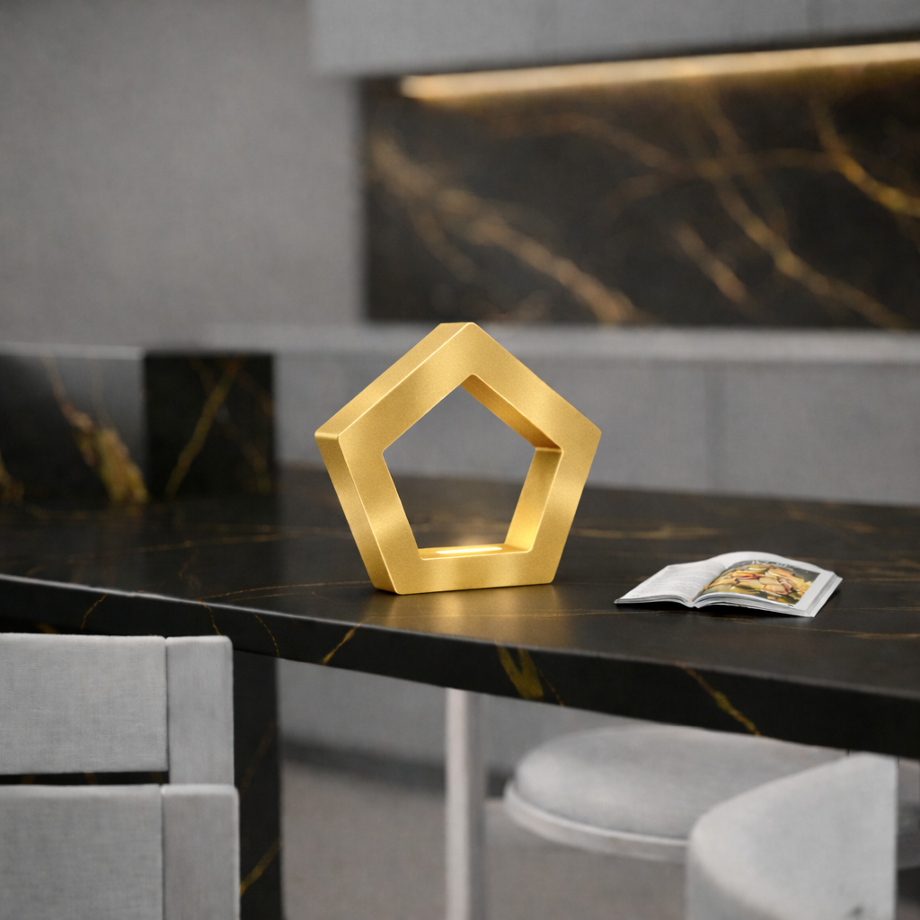 Gold Finish Handcrafted Oak Pentagon Wooden LED Lamp