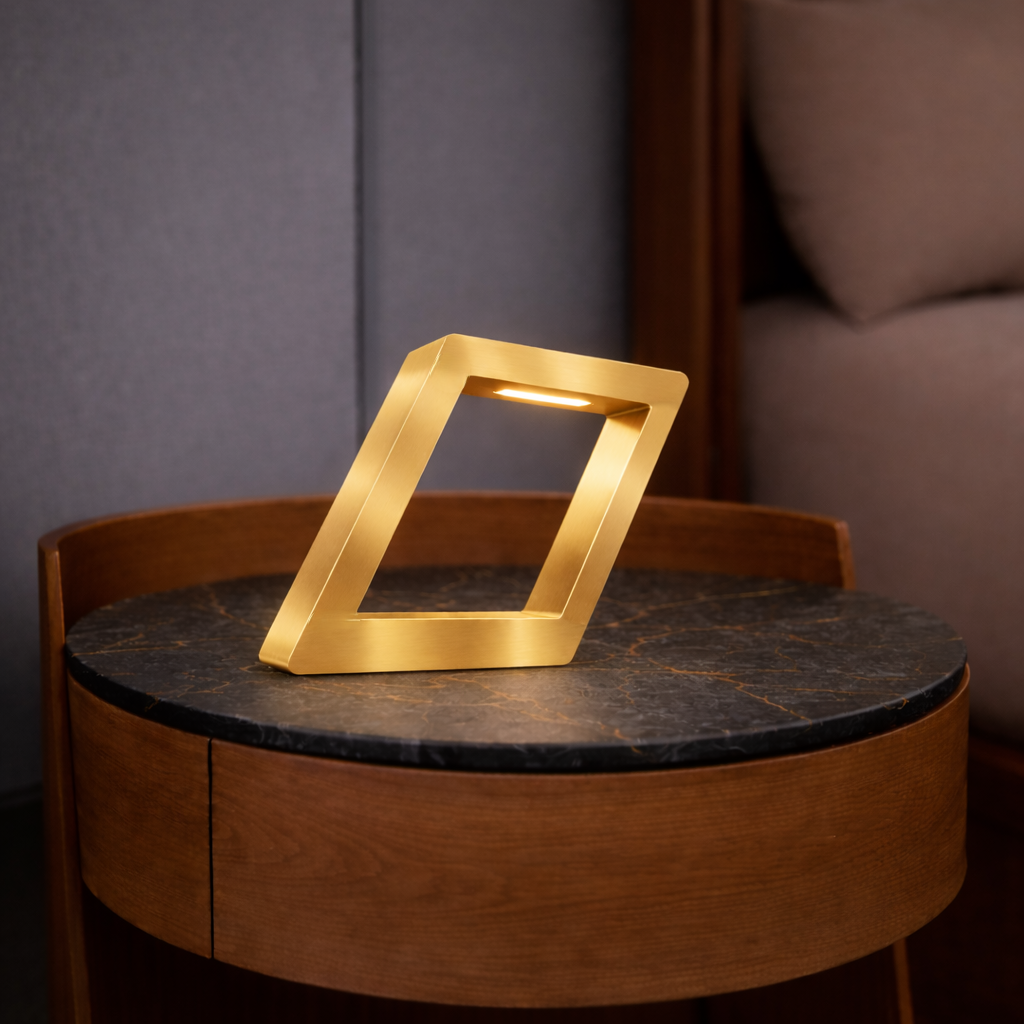 Gold Finish Handcrafted Oak Rotatable Square Wooden Lamp