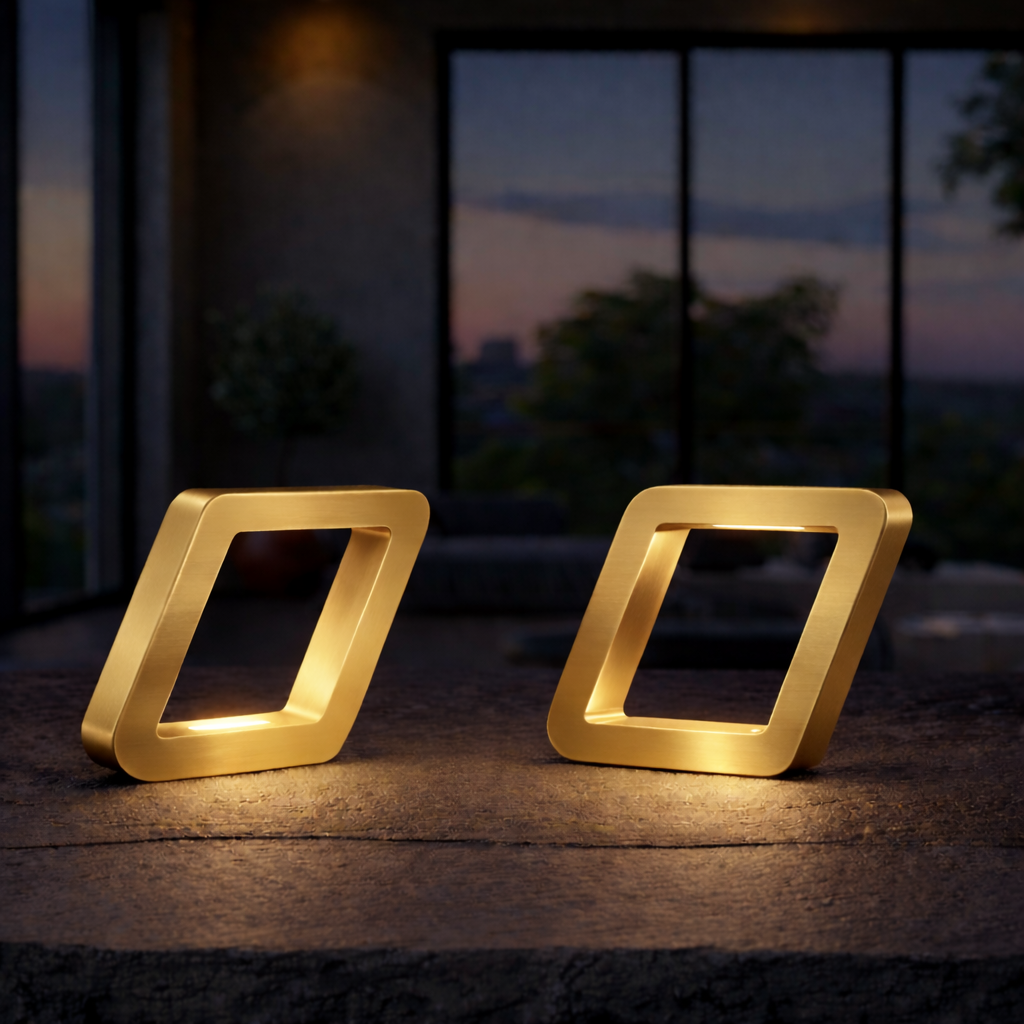 Gold Finish Handcrafted Oak Rotatable Square Wooden Lamp