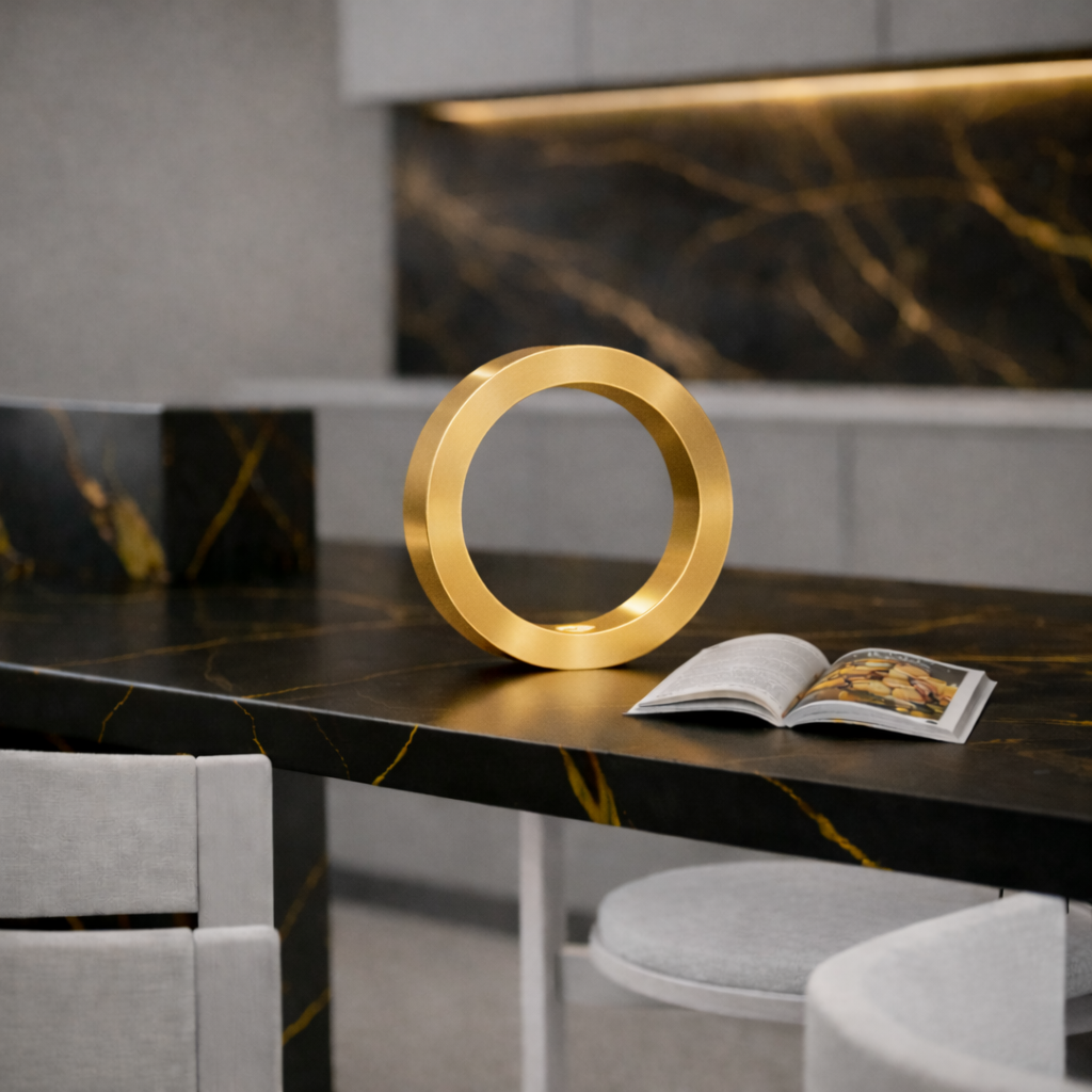 Gold Finish Handcrafted Wooden Oak Rotatable Circle Lamp