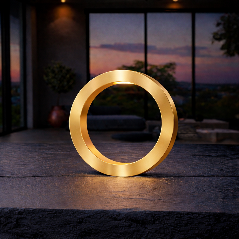 Gold Finish Handcrafted Wooden Oak Rotatable Circle Lamp