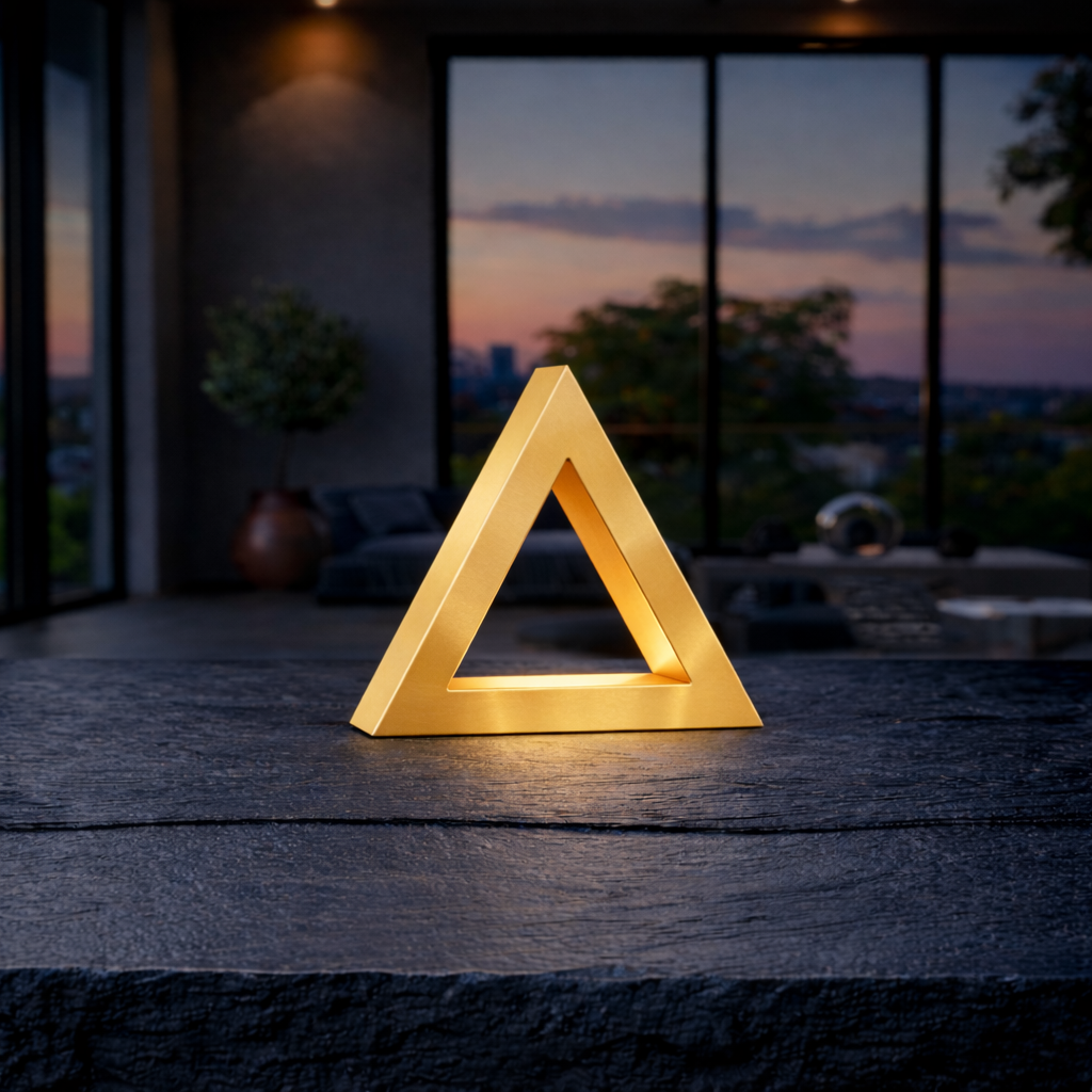 Gold Finish Handcrafted Oak Тriangular Lamp