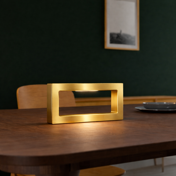 Gold Finish Handcrafted Oak Rotatable Rectangular Wooden LED Lamp