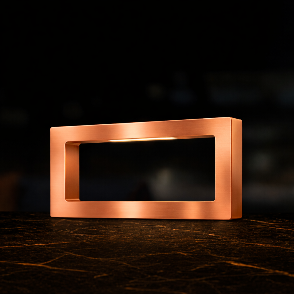 Copper-finish rectangular LED lamp by WOOM, with an internal light bar, resting on a dark patterned surface.