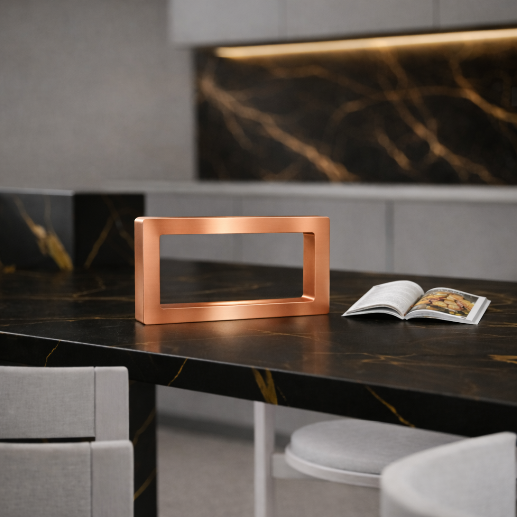 Copper finish rectangular wooden LED lamp by WOOM with a hollow design, sitting on a dark marble counter.