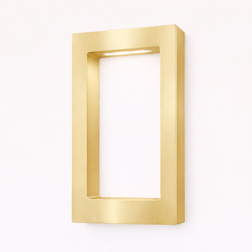 Gold finish rectangular lamp by WOOM, featuring a wall-mounted open frame design with internal top lighting.