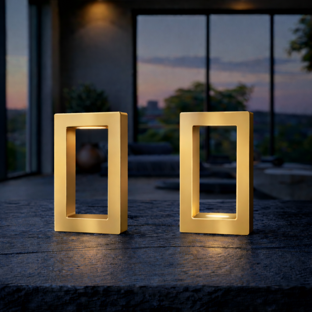 Gold Finish Rectangular Table Lamp by WOOM, two lamps on a dark textured surface emitting warm light.
