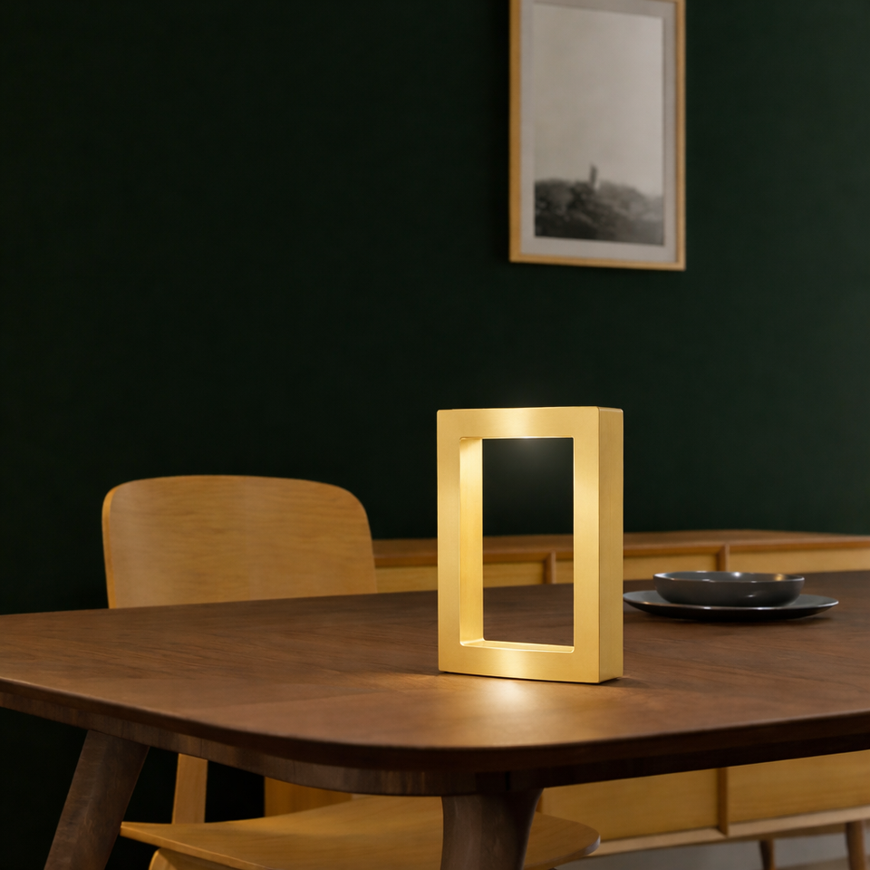 Gold finish rectangular wooden table lamp by WOOM with an illuminated hollow center on a dark dining table.