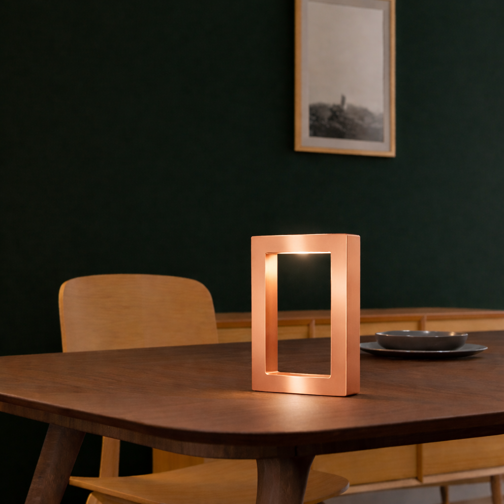 Copper finish rectangular table lamp by WOOM with an illuminated opening, on a dark wooden table.