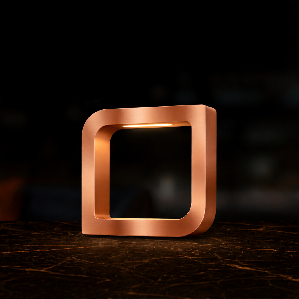 Copper finish square LED lamp by WOOM with rounded corners and an internal light, on a dark marble table.