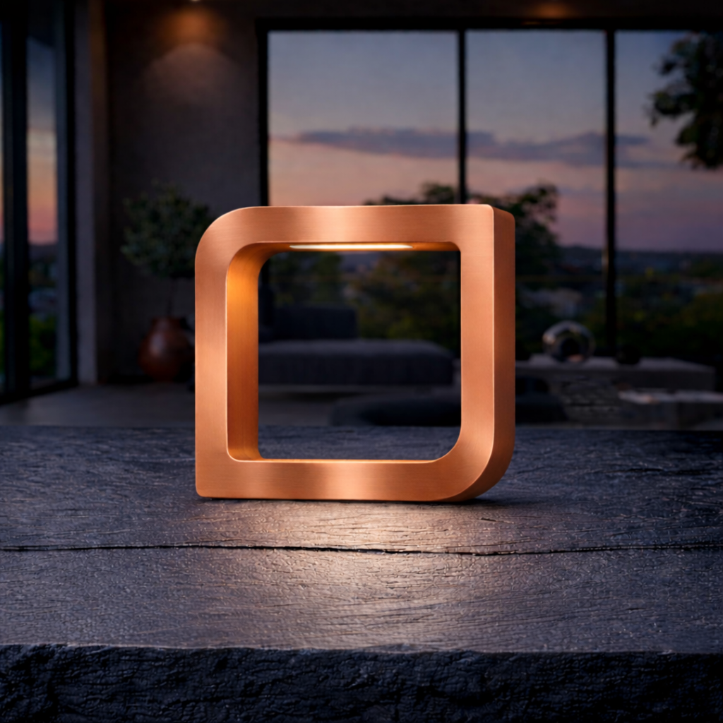 Copper-finish square LED table lamp by WOOM with rounded corners, illuminated on a dark textured table.