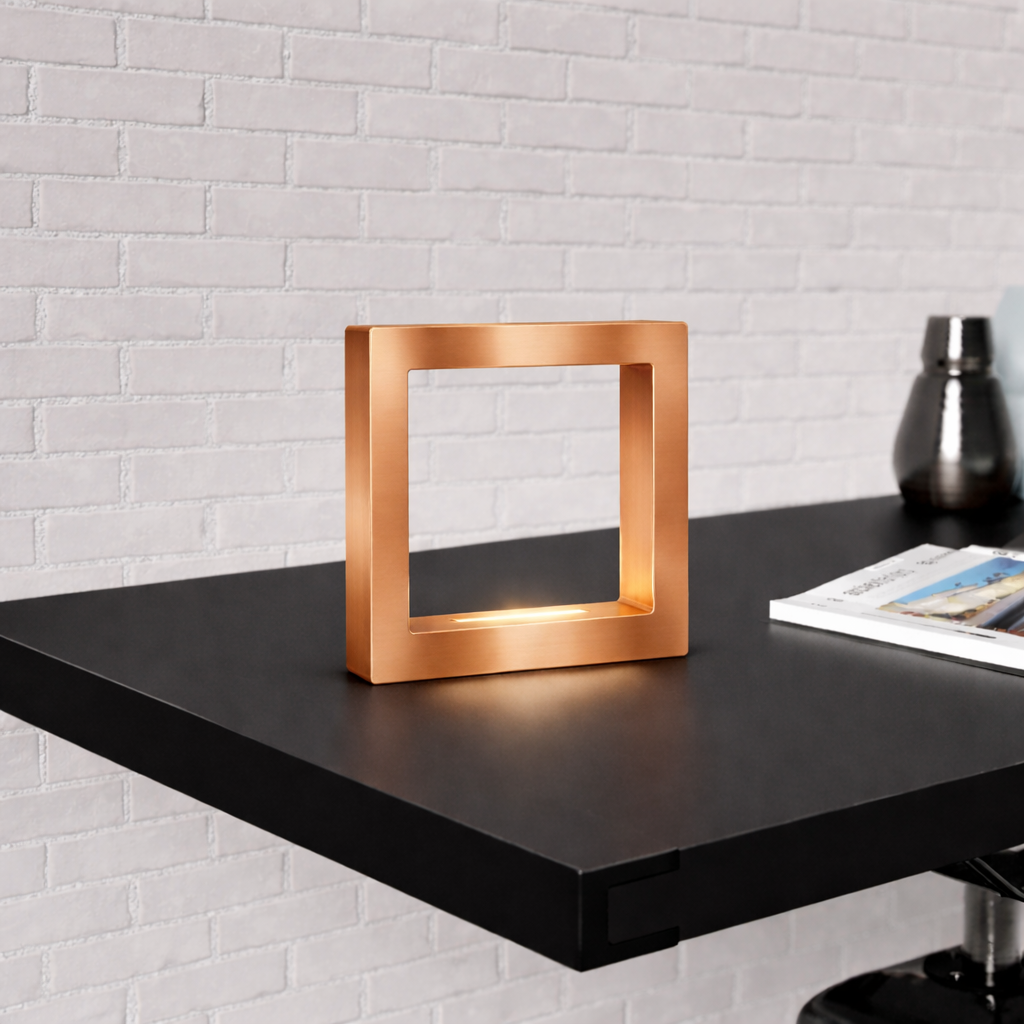 Copper finish square table lamp by WOOM with an inner light on a dark desk.
