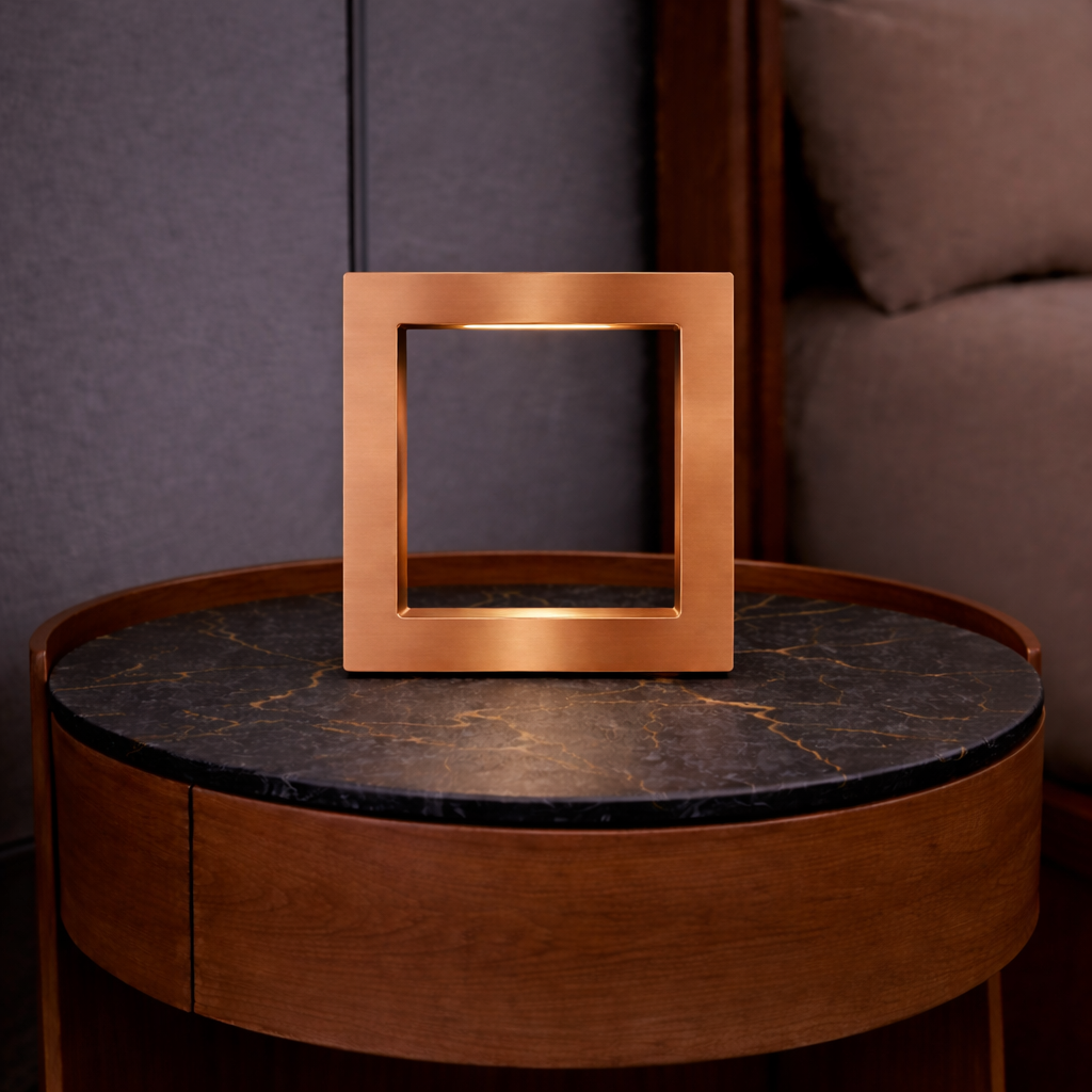 Square oak wood lamp with a copper finish by WOOM, emitting warm light onto a black marble table.