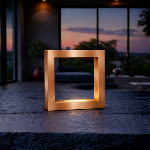 Copper finish square wooden lamp by WOOM with an internal glow, on a dark textured table.