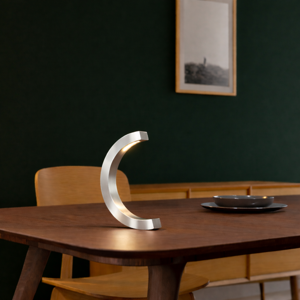 Silver Finish Handcrafted Oak C-Curved Wooden Desk Lamp