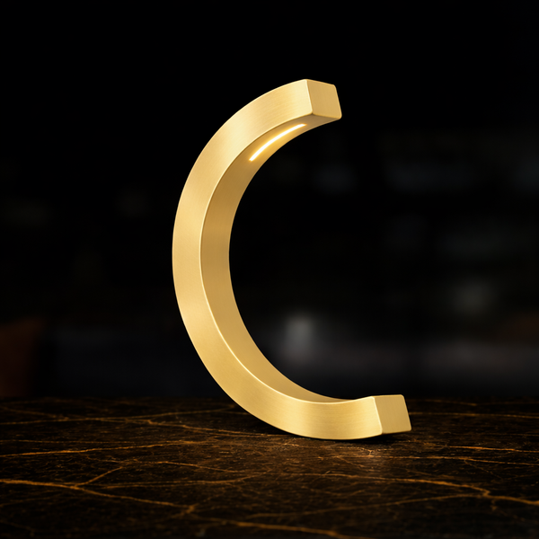 Gold finish C-curved desk lamp by WOOM, with a light strip on its inner curve, resting on a dark, textured surface.