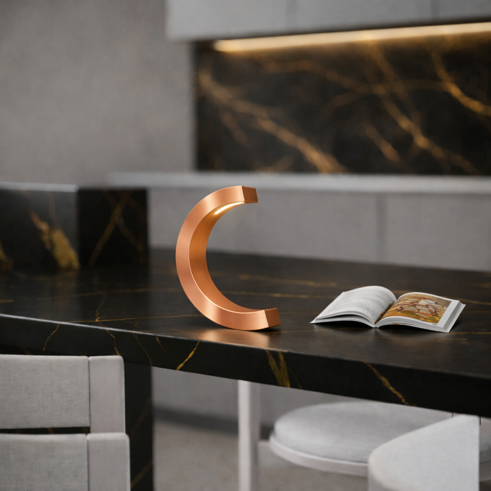 Copper finish handcrafted oak C-curved desk lamp by WOOM, illuminating an open book on a black marble counter.