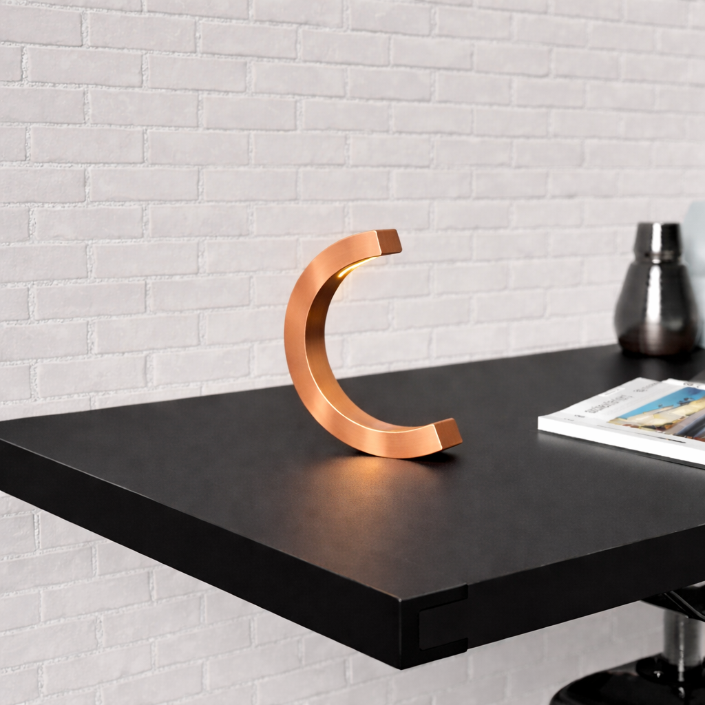 Copper-finished C-curved desk lamp by WOOM with a warm glow, on a black desk against a white brick wall.