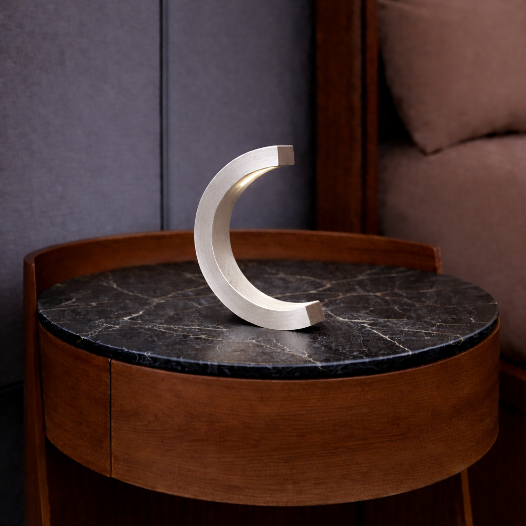 Silver Finish Handcrafted Oak C-Curved Wooden Desk Lamp