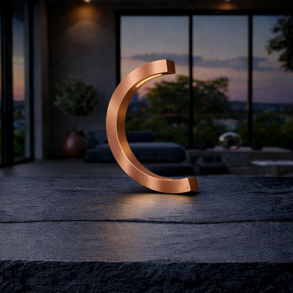 Copper finish C-curved wooden desk lamp by WOOM, with an internal warm glow on a dark textured surface.