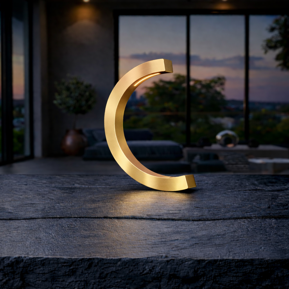 Gold finish C-curved wooden desk lamp by WOOM with an integrated light strip, casting a warm glow on a dark table.