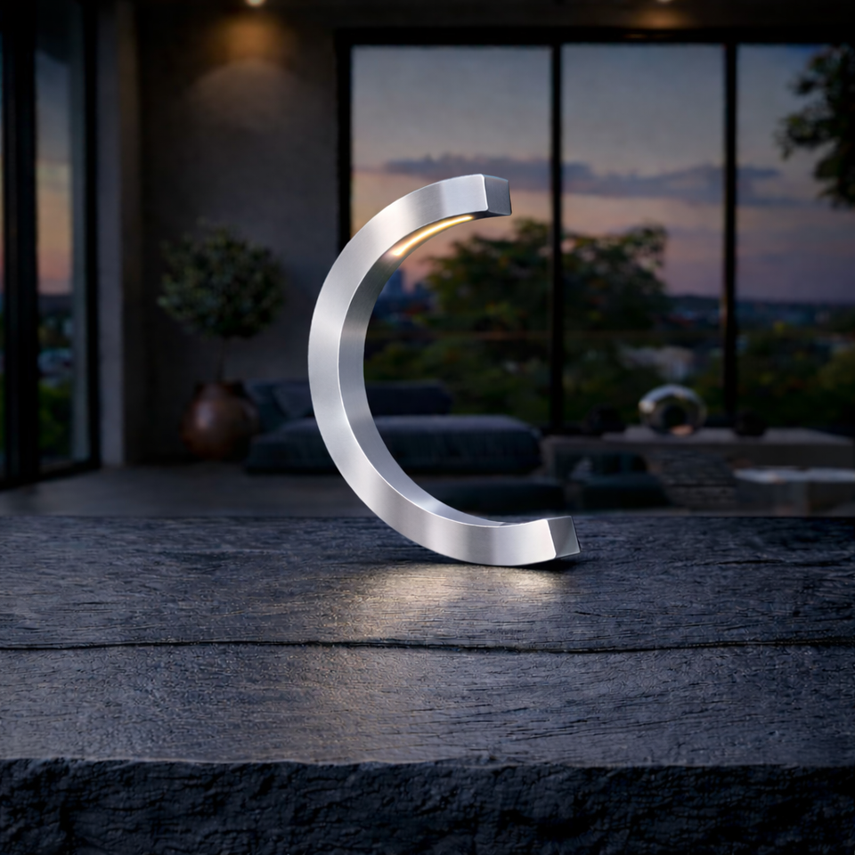 Silver Finish Handcrafted Oak C-Curved Wooden Desk Lamp