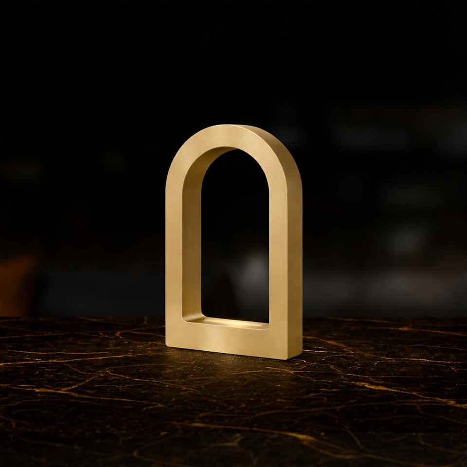 Gold Finish Handcrafted Oak U-Shape Curved Desk Lamp