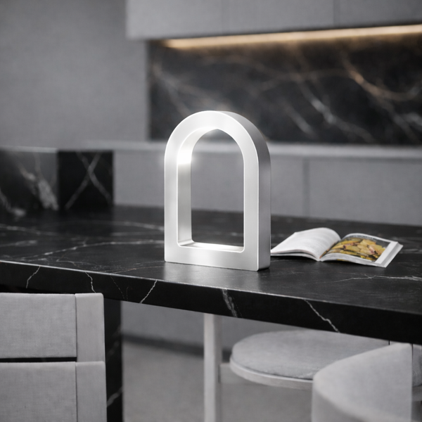 Silver Finish Handcrafted Oak U-Shape Curved Desk Lamp