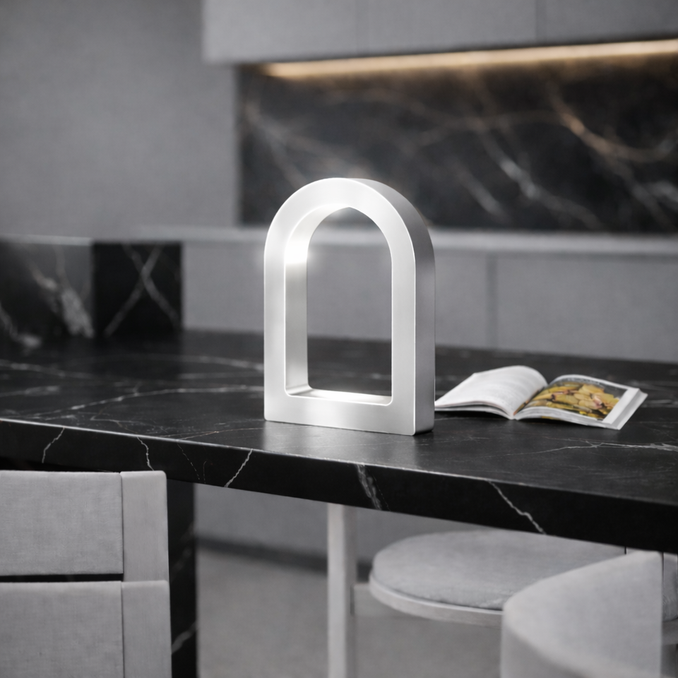 Silver Finish Handcrafted Oak U-Shape Curved Desk Lamp