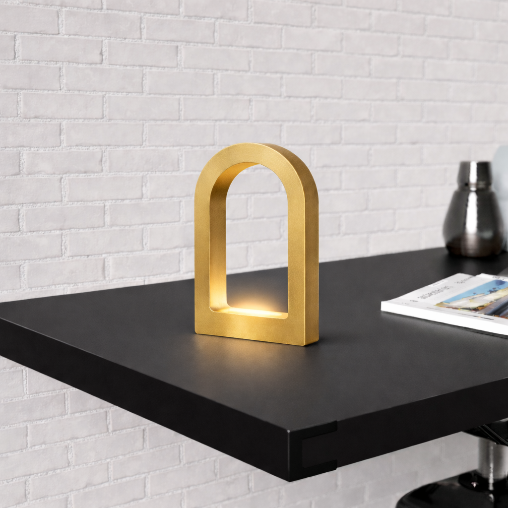 Gold Finish Handcrafted Oak U-Shape Curved Desk Lamp