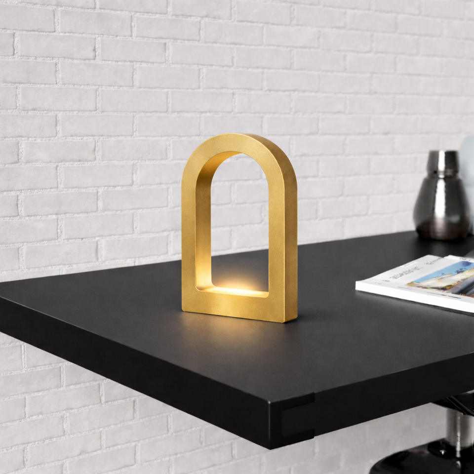 Gold Finish Handcrafted Oak U-Shape Curved Desk Lamp