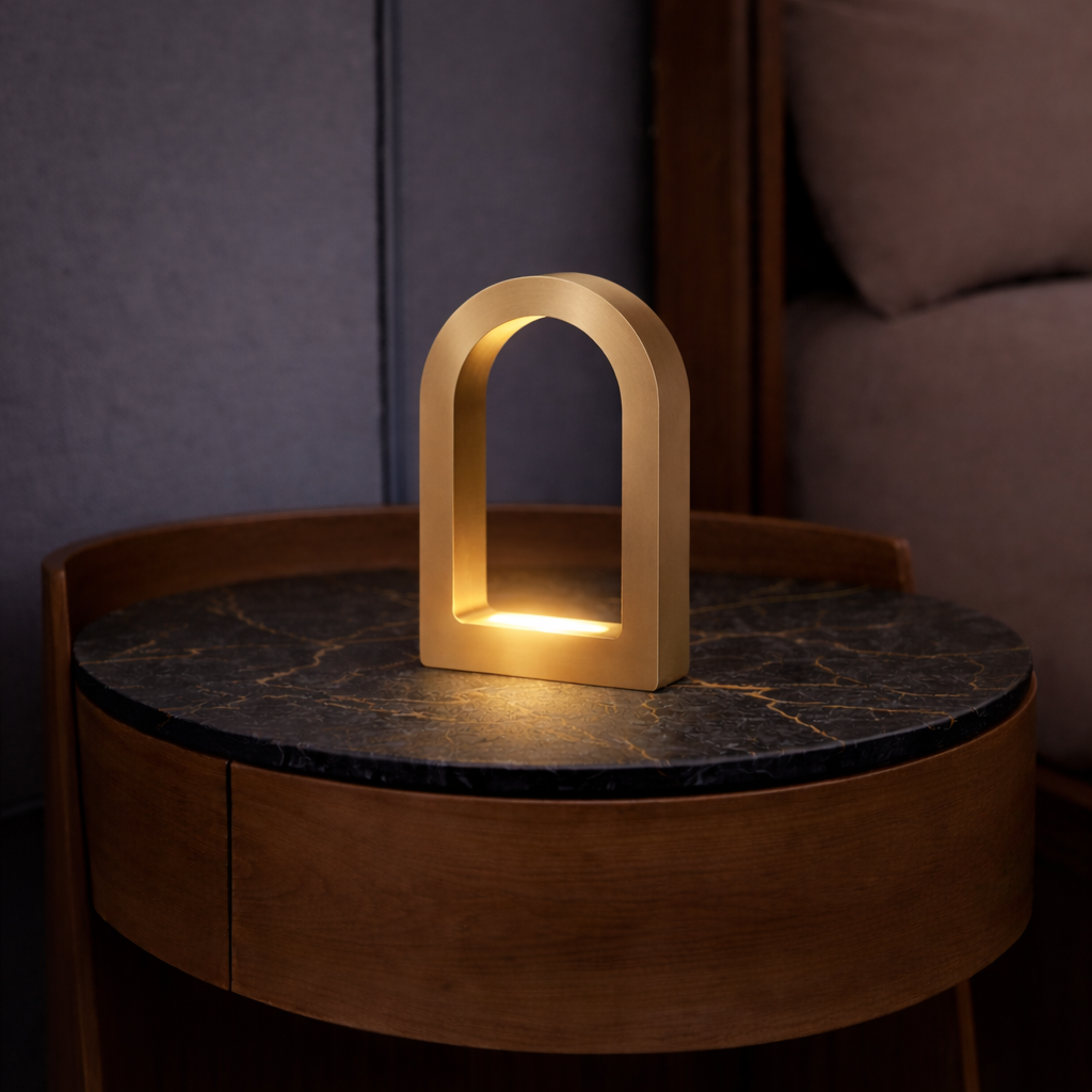 Gold Finish Handcrafted Oak U-Shape Curved Desk Lamp