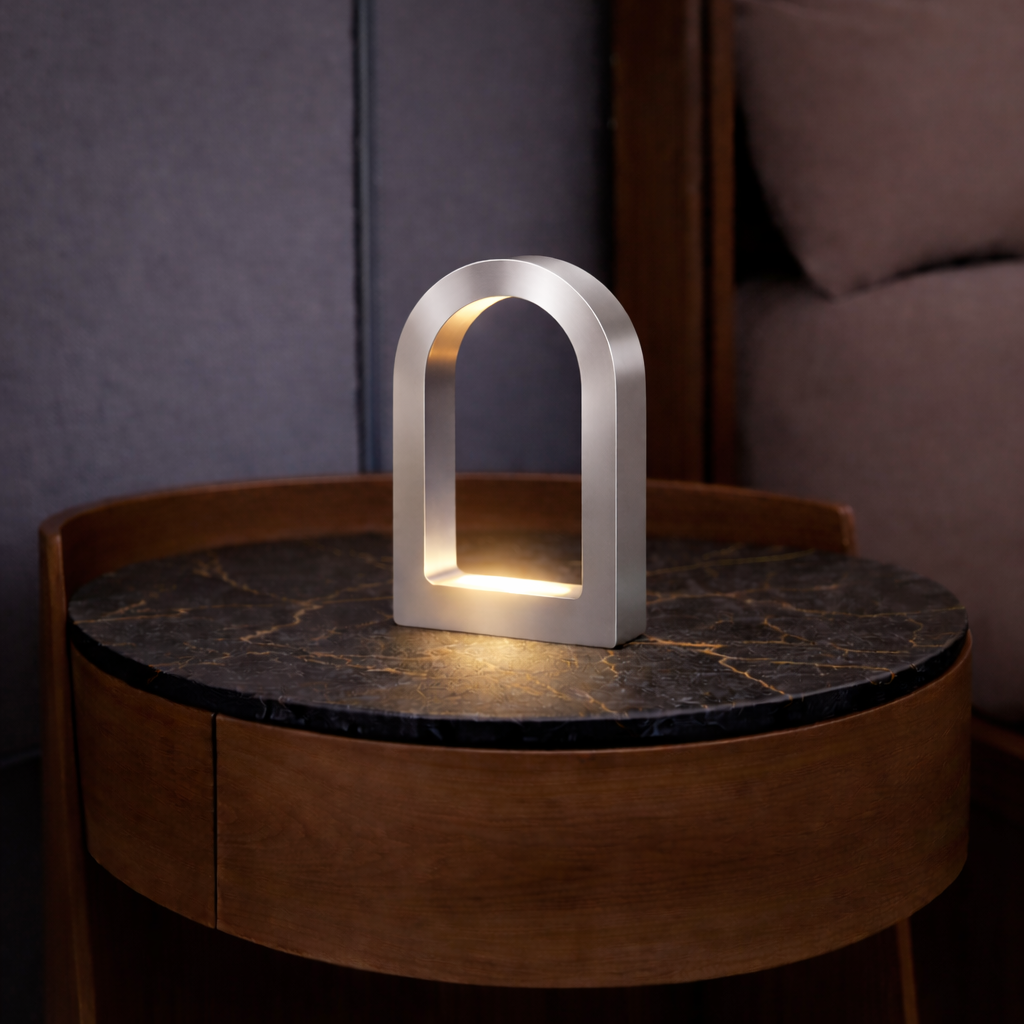 Silver Finish Handcrafted Oak U-Shape Curved Desk Lamp