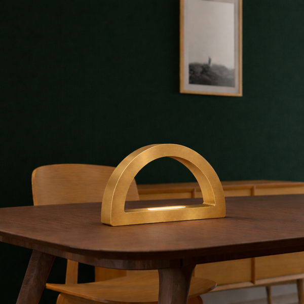 Gold Finish Oak Arc-Curved Contemporary Wooden Desk Lamp