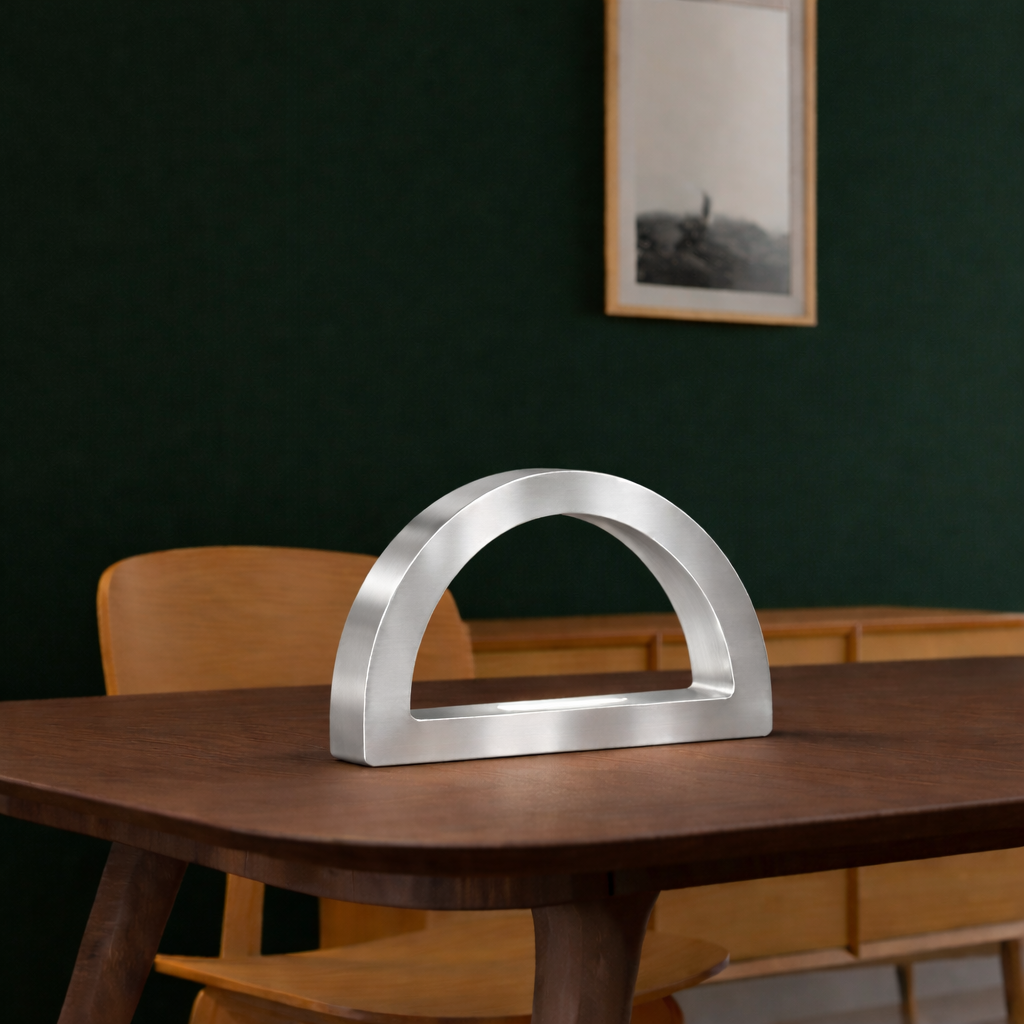 Silver Finish Oak Arc-Curved Contemporary Wooden Desk Lamp