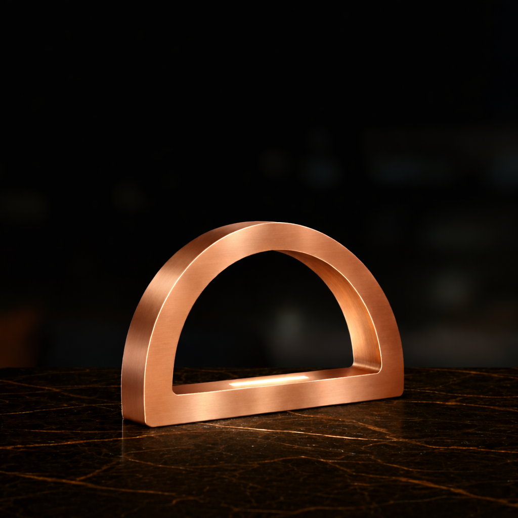 Copper finish arc-curved desk lamp by WOOM with an internal light strip, on a dark marble surface.