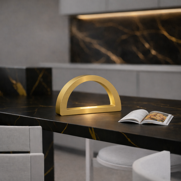 Gold Finish Oak Arc-Curved Contemporary Wooden Desk Lamp