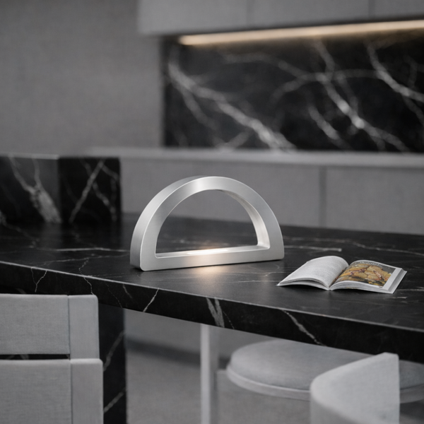 Silver Finish Oak Arc-Curved Contemporary Wooden Desk Lamp