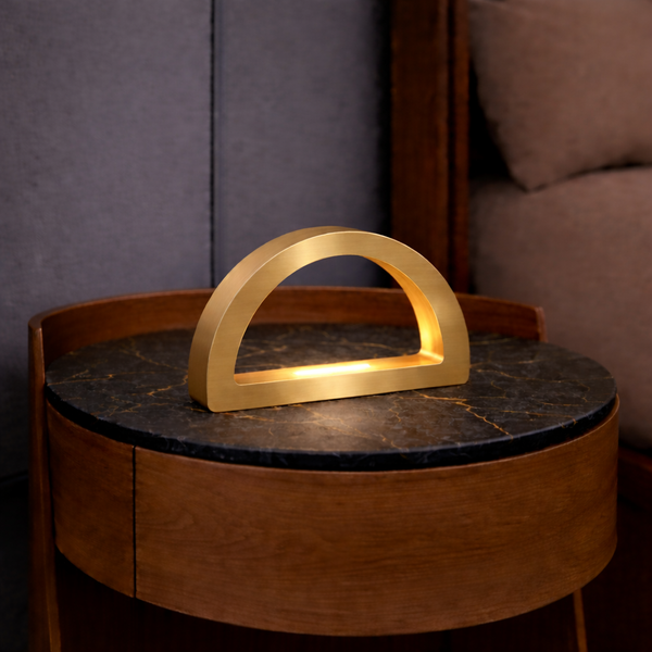 Gold Finish Oak Arc-Curved Contemporary Wooden Desk Lamp