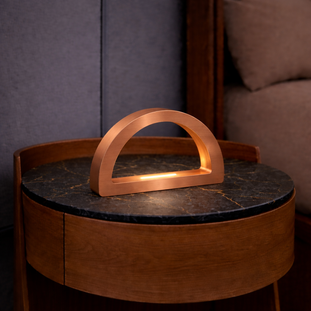 Arc-curved copper desk lamp by WOOM, illuminating a black marble and wood side table with a warm glow.