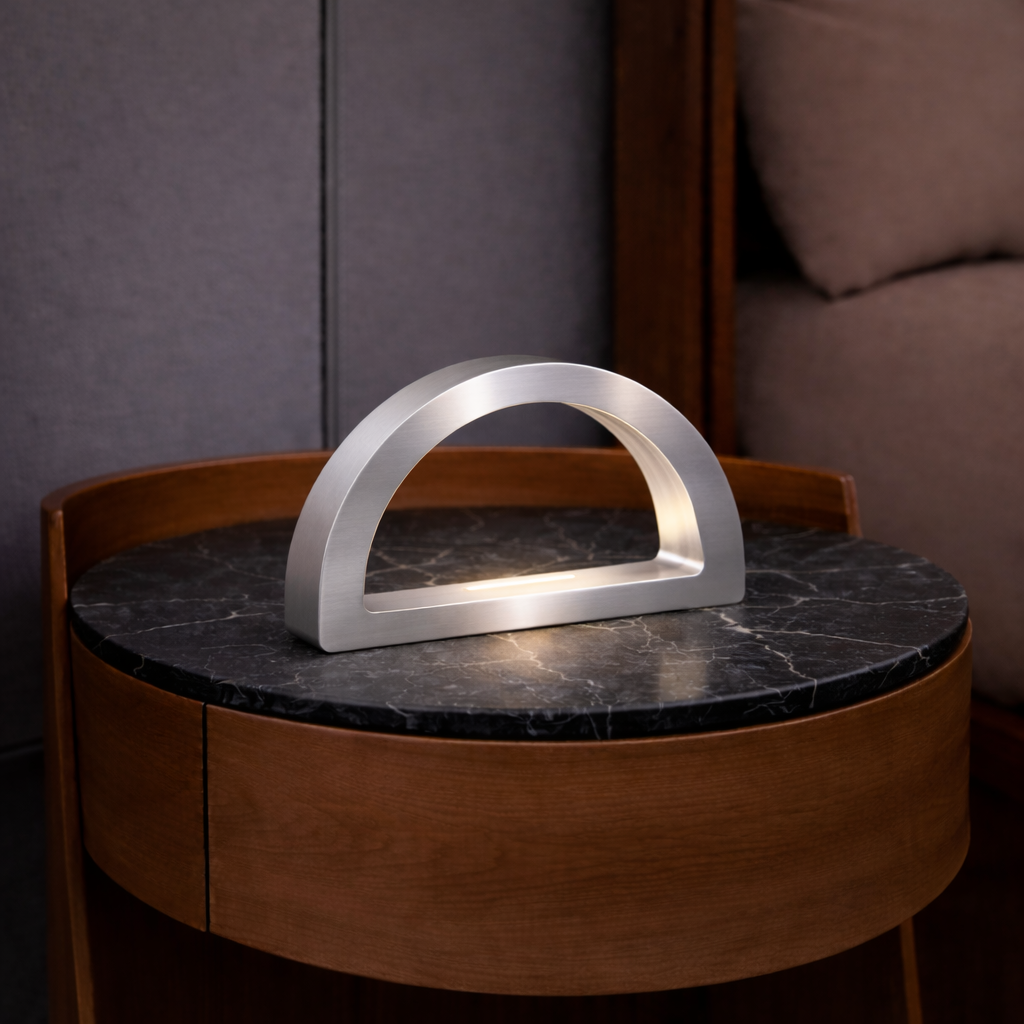 Silver Finish Oak Arc-Curved Contemporary Wooden Desk Lamp
